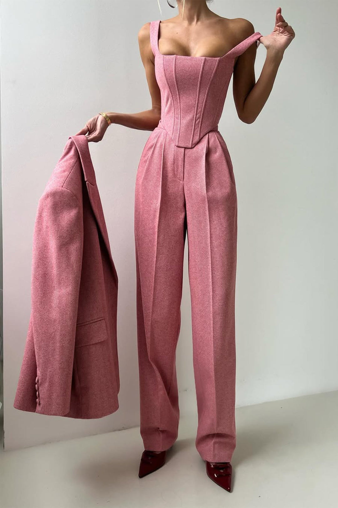 Women's Bellamy Three-Piece Herringbone Suit Set in Grey - Fabric Texture Close-up