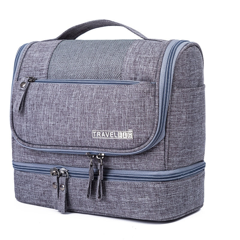 Unisex large-capacity hanging toiletry bag with multi-compartments for efficient travel organization of essentials.