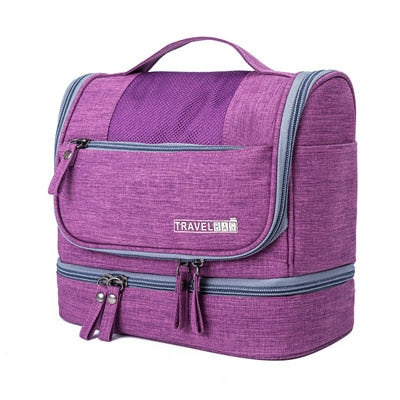 Multi-compartment unisex hanging toiletry bag, ideal for travel, keeping cosmetics and essentials organized.