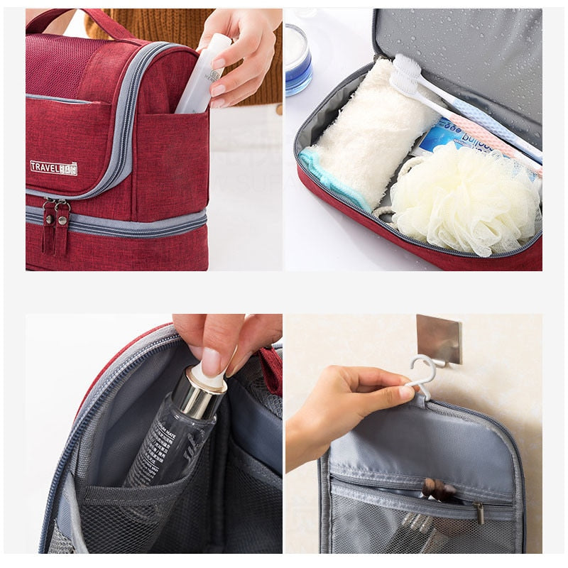 Essential unisex travel toiletry bag with a hanging hook, large-capacity & multi-compartment for organization.
