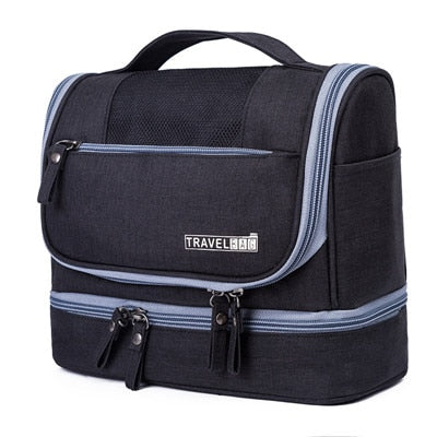 Waterproof unisex travel toiletry organizer, a multi-compartment hanging bag for makeup & bathroom essentials.