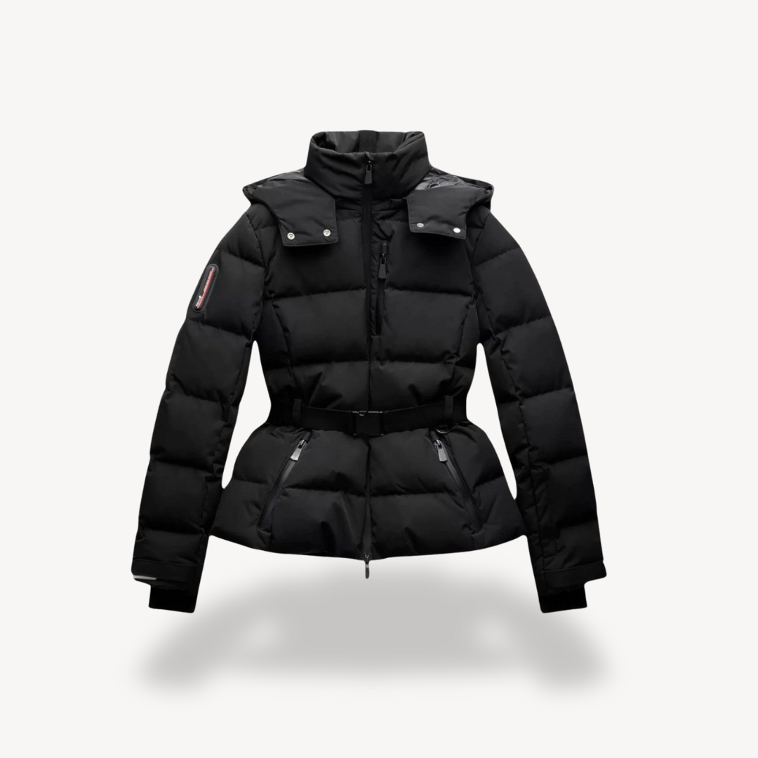 Women's chic black belted puffer jacket for winter. Warm, flattering, and quilted outerwear.