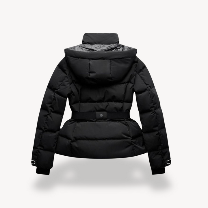 Warm women's black belted puffer jacket, perfect for cold weather. Stylish quilted winter coat.