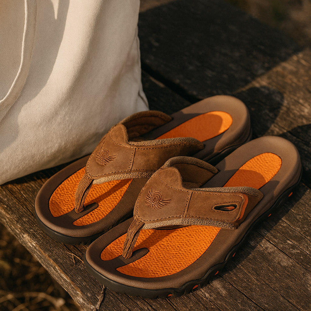 Men's sophisticated brown leather-look toe post slides, ideal for casual summer style and everyday comfort.