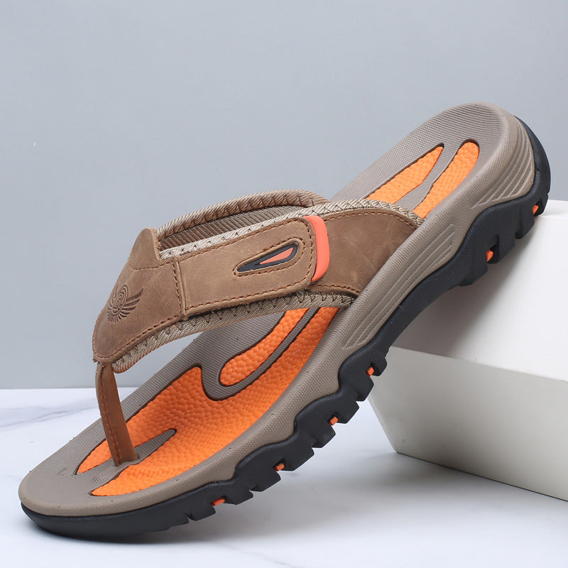 Comfortable men's black leather-look slip-on toe post sandals, perfect for beach or casual summer wear.