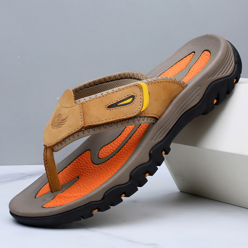 Classic men's summer footwear: dark brown leather-look toe post slides, easy slip-on comfort for any day.