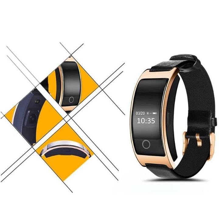 Gold & black unisex smart health watch. Monitors blood pressure, heart rate, and fitness. Essential smart tracker.