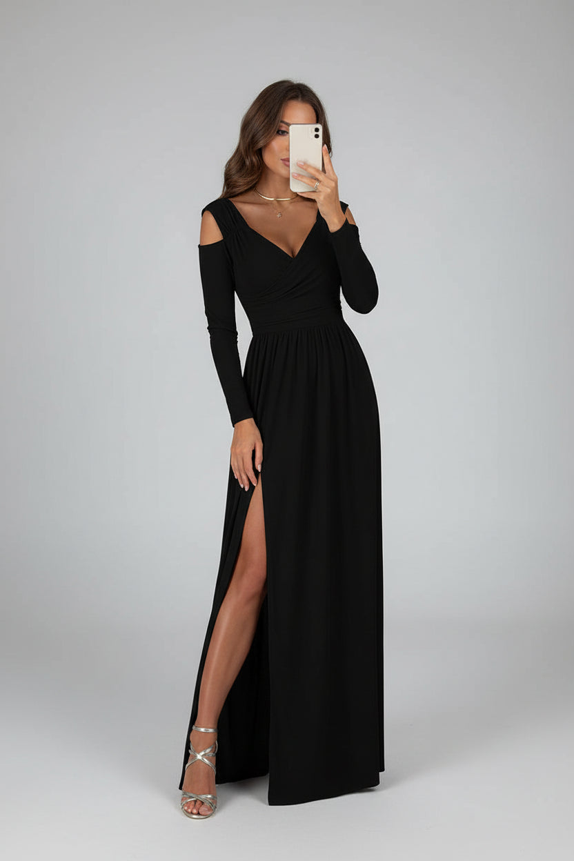 Elegant long women's evening dress with a split, perfect for formal events & parties. Figure-hugging silhouette.