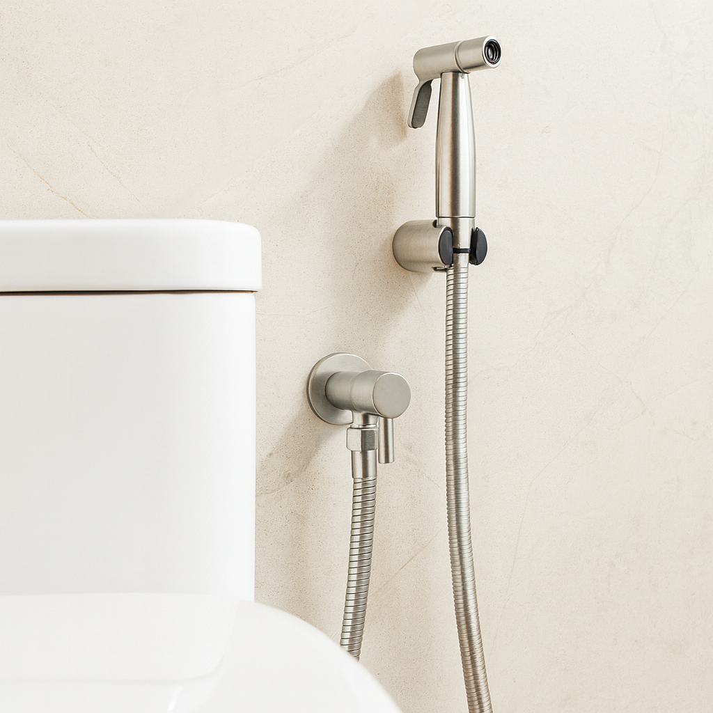 Stainless steel wall-mounted bidet sprayer for personal hygiene with adjustable water pressure control, eco-friendly.