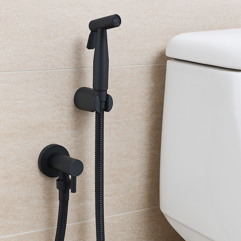 Wall mount stainless steel bidet sprayer kit, perfect toilet accessory for personal hygiene, features adjustable spray.