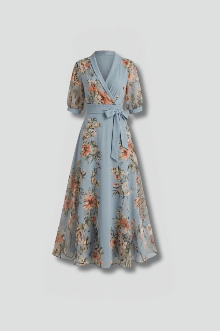 Chic floral wrap maxi dress with puff sleeves & V-neck, perfect for race day or elegant summer occasions.