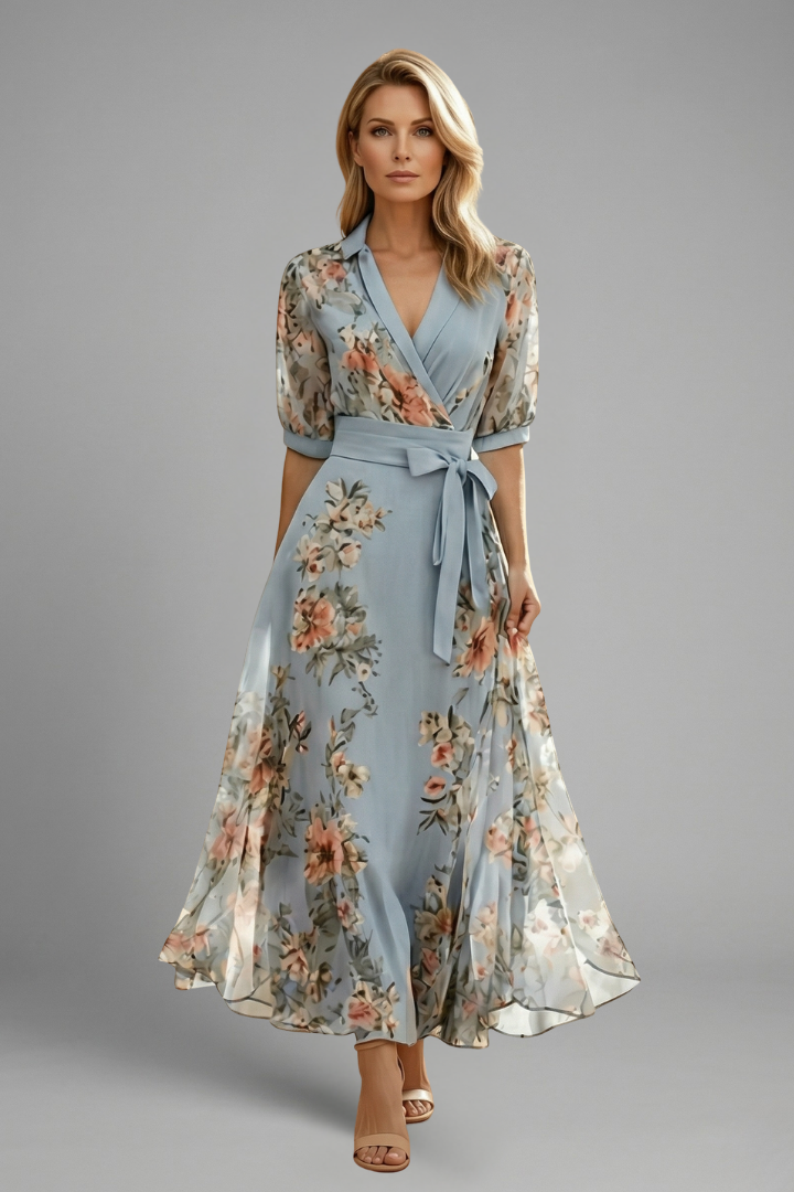 Elegant women's floral print wrap maxi dress with puff sleeves, ideal for summer and special occasions.