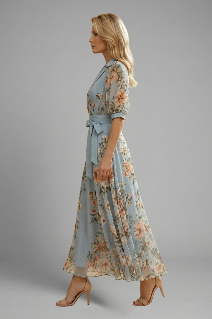 V-neck floral wrap maxi dress for women, featuring chic puff sleeves, great for race day fashion.