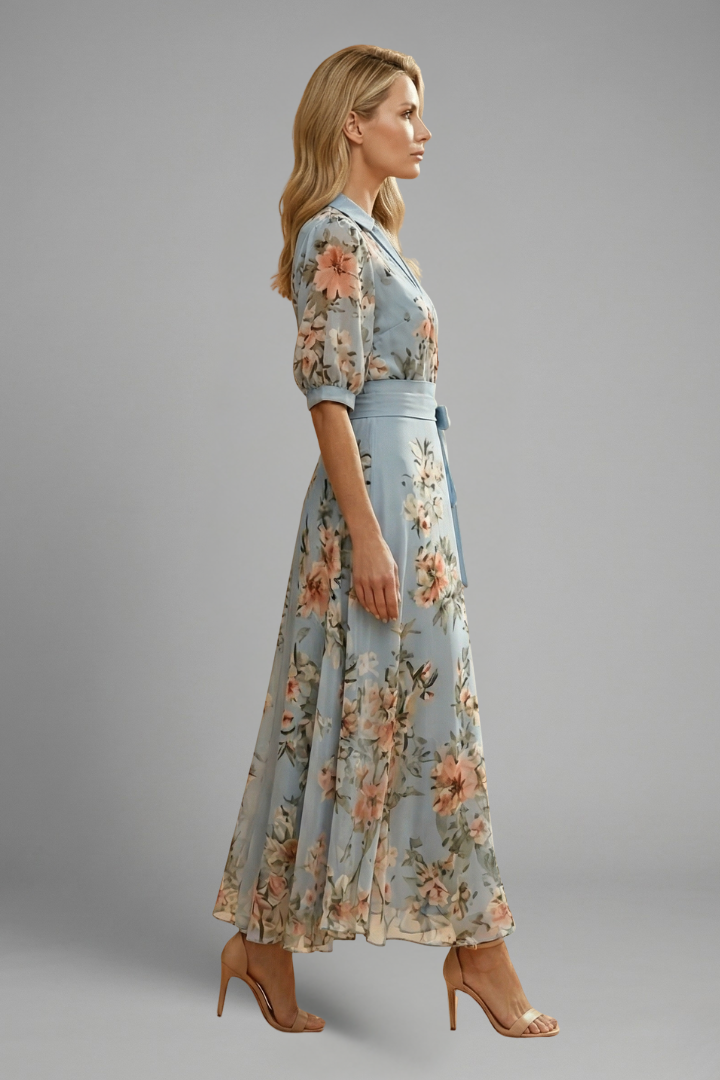 Flowy floral maxi wrap dress for women, elegant summer fashion, suitable for race day & occasions.