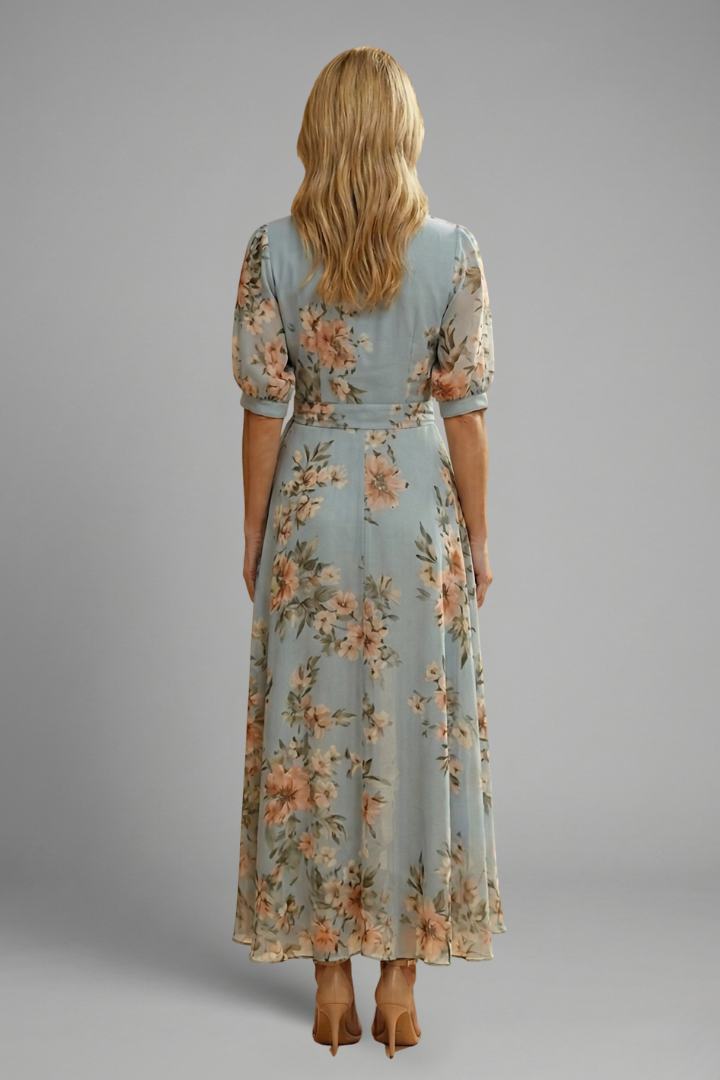 Stylish women's floral wrap maxi dress with puff sleeves & V-neck, an elegant race day summer dress.