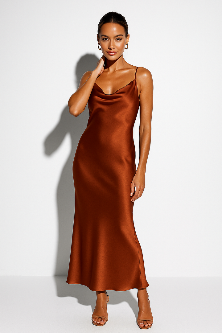 Stylish women's special occasion dress with an elegant open back design and draped midi silhouette.