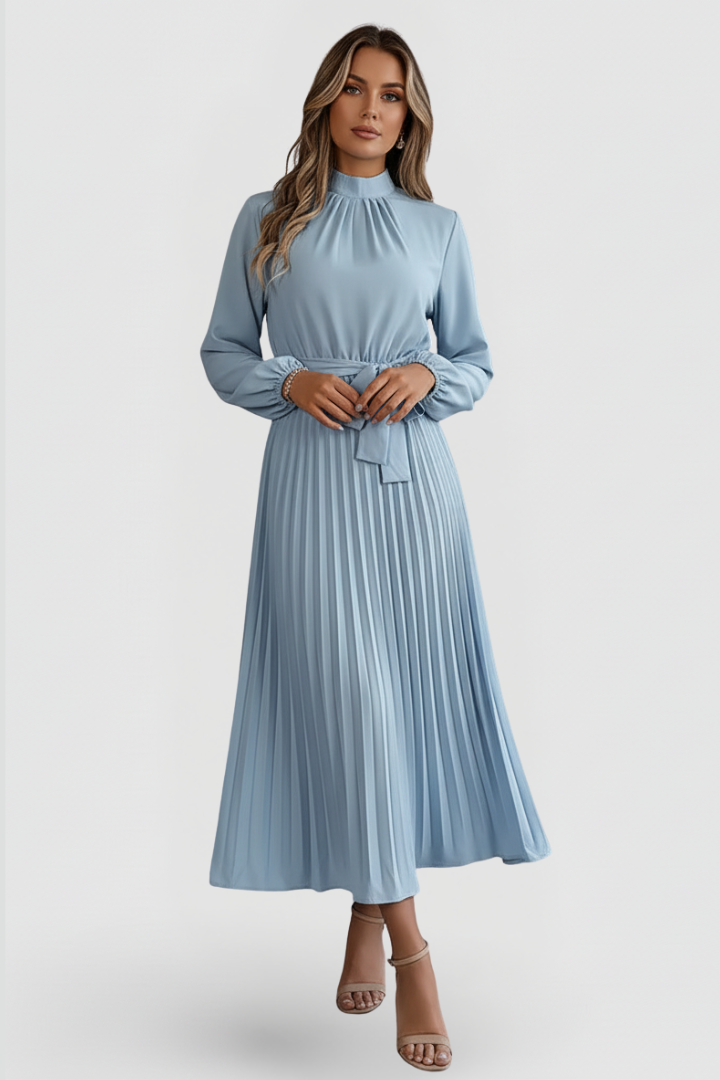 Women's elegant pleated mock neck midi dress with long sleeves & tie-waist. Perfect for formal occasions.