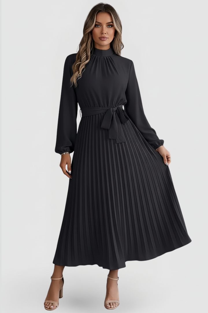 Elegant women's pleated mock neck midi dress. Long sleeves & tie waist. Perfect formal occasion wear or wedding.