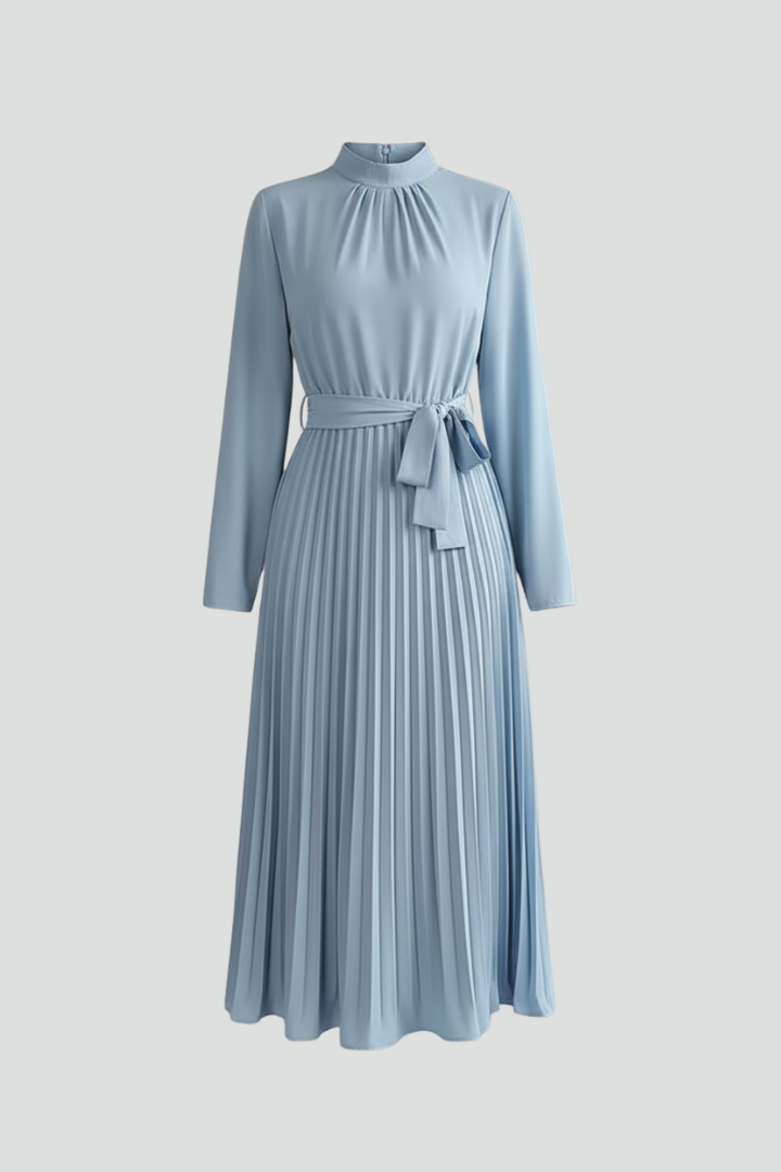 Sophisticated women's pleated mock neck midi dress, ideal for wedding guests & race day events. Long sleeve.