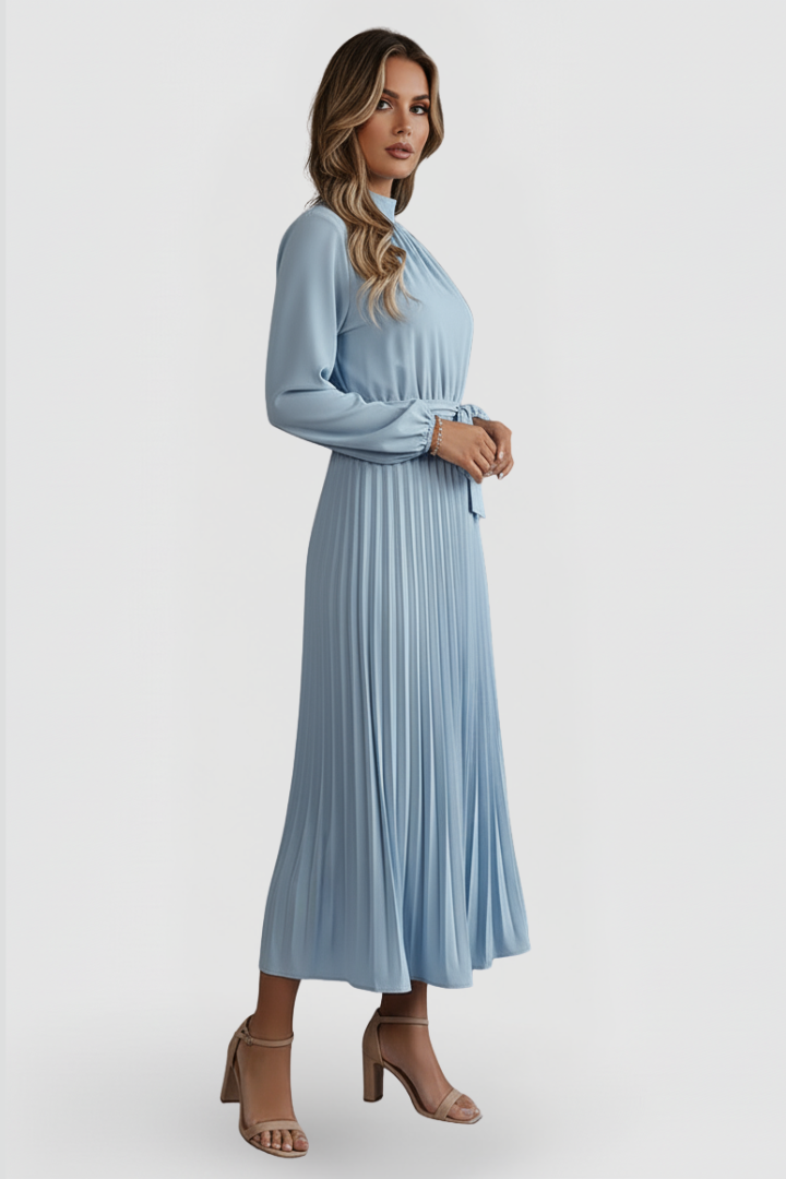 Elegant women's pleated midi dress with a chic mock neck. Features a flattering tie waist and long sleeves.