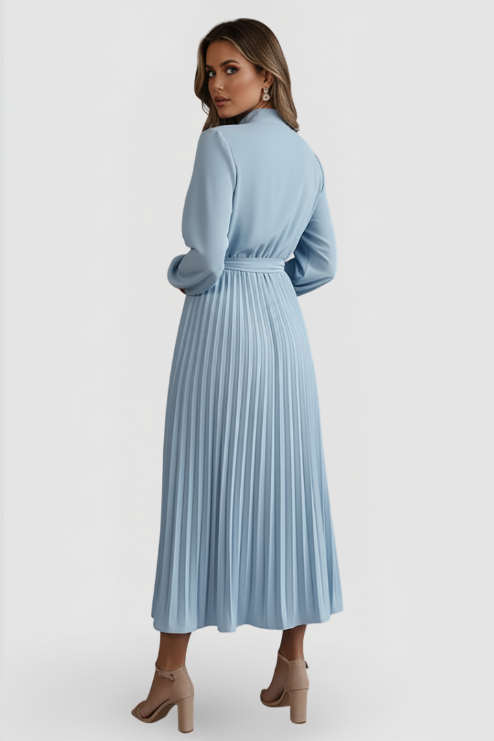 Formal women's long sleeve midi dress, pleated design, mock neck, and stylish tie waist. Sophisticated wear.