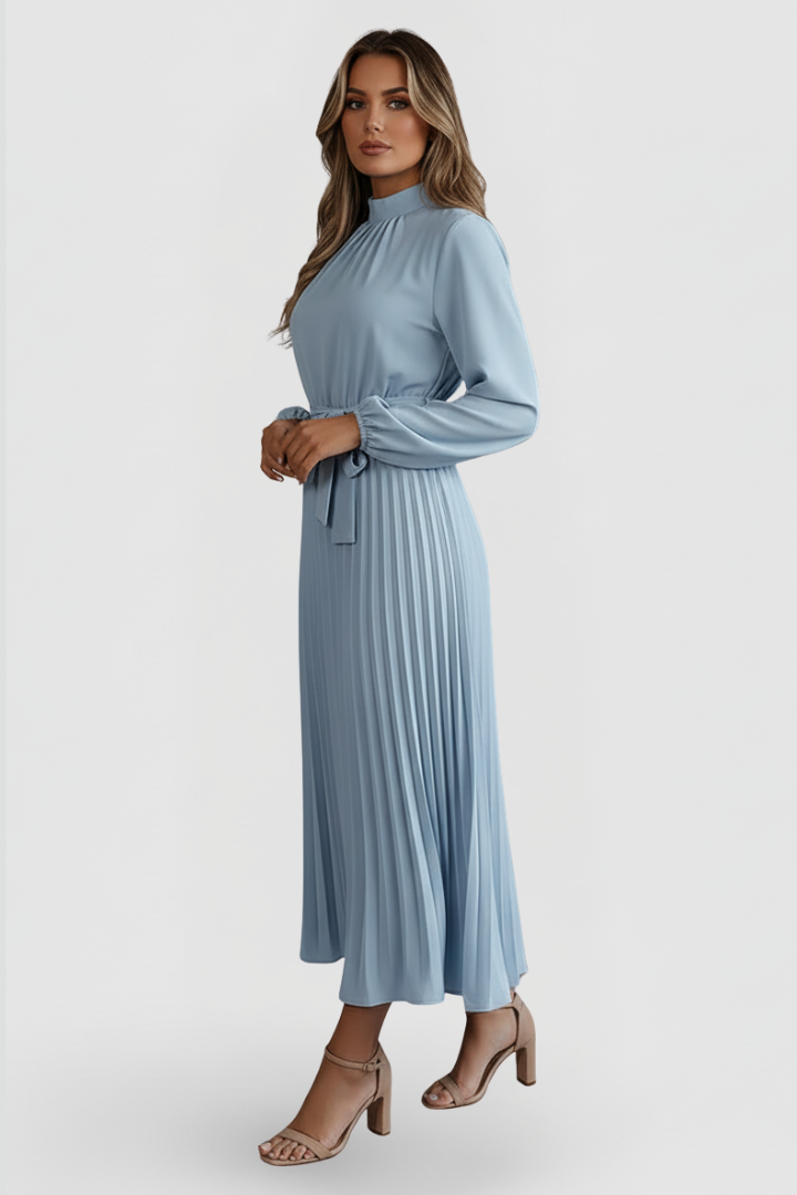 Women's elegant pleated mock neck midi dress with long sleeves & tie waist. Versatile formal or occasion wear.