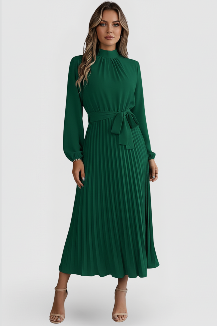 Stylish women's midi dress featuring a mock neck, elegant pleats & long sleeves. Tie waist for formal events.