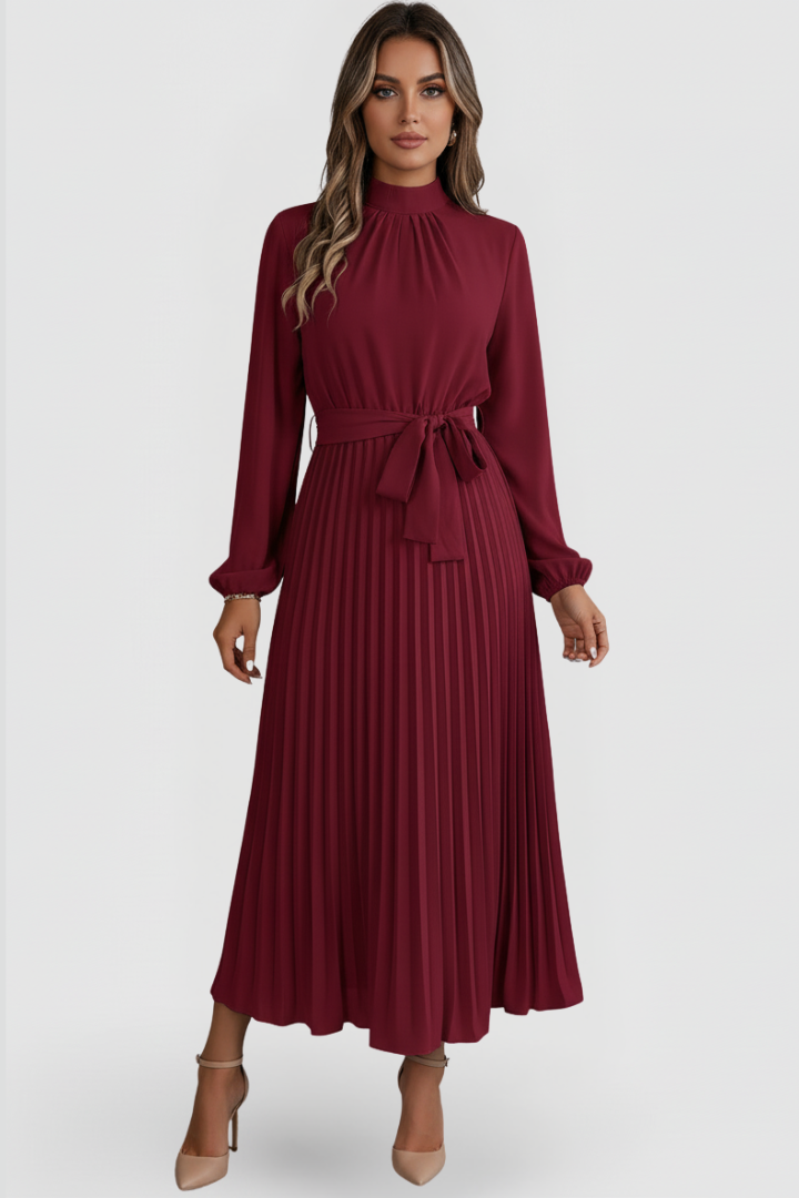 Elegant women's formal midi dress with mock neck, pleats, long sleeves & tie waist. Ideal for special occasions.