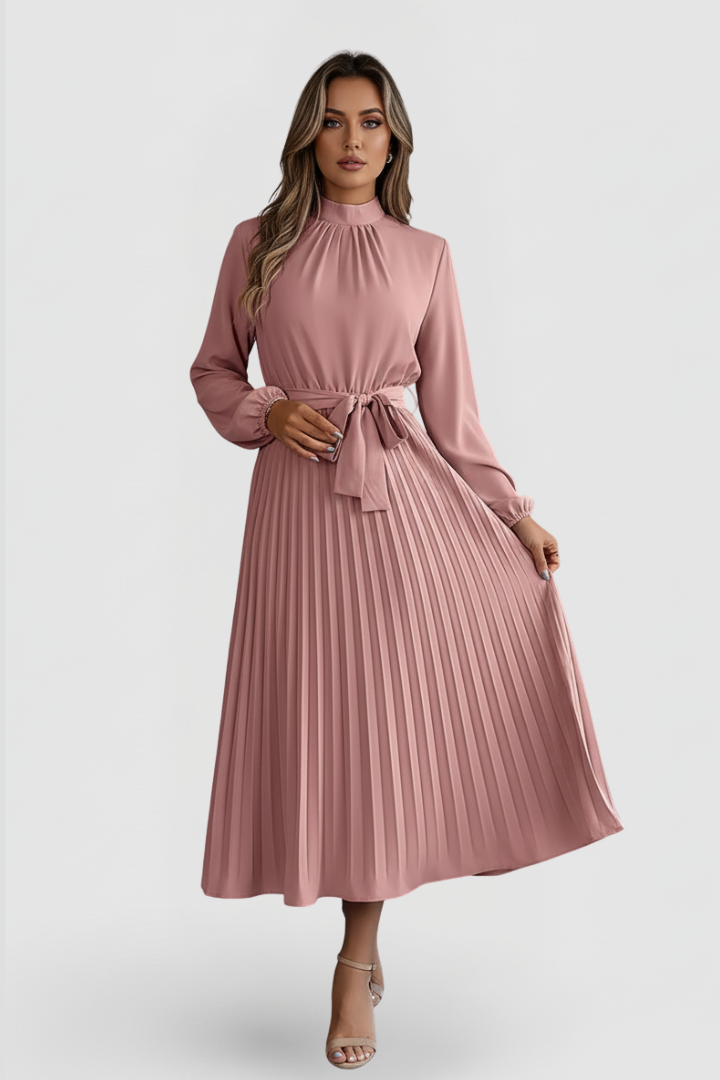 Women's long sleeve pleated midi dress with a mock neck and tie waist, perfect for elegant formal events.