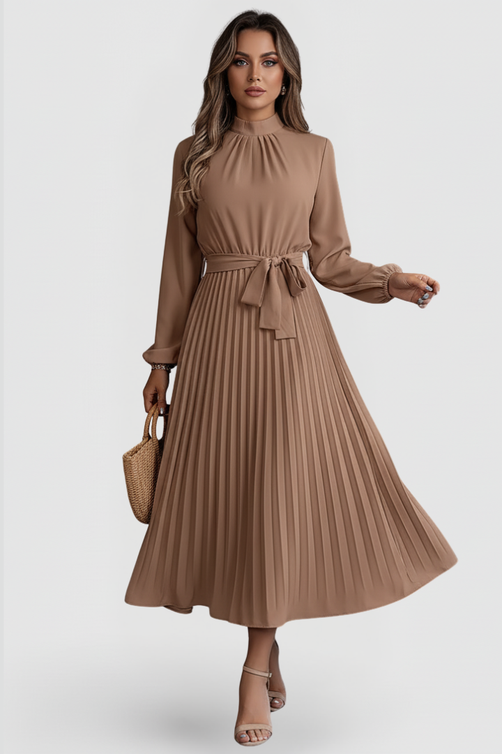 Sophisticated women's midi dress with mock neck, elegant pleats, long sleeves, and a flattering tie waist.