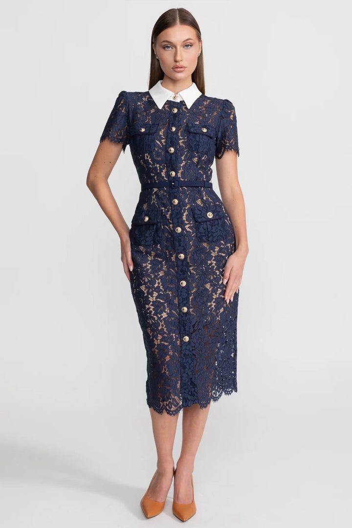 Elegant women's navy floral collared midi dress, perfect for race day, parties, or formal events.