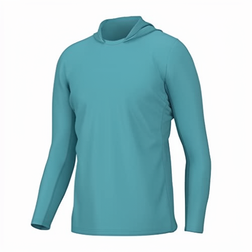 Men's UPF 50 long sleeve fishing shirt with hood, ideal for sun protection during angling & outdoor activities.