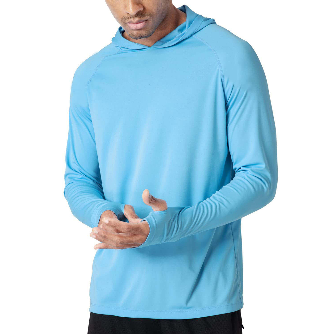 Angler's UPF 50 long sleeve fishing shirt with hood. Men's sun protection outdoor wear, perfect for fishing.