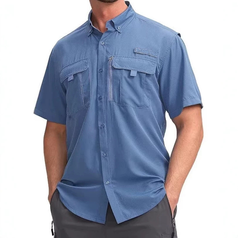 Versatile men's quick-dry short sleeve fishing shirt, ideal for active outdoor lifestyle, travel, & summer comfort.