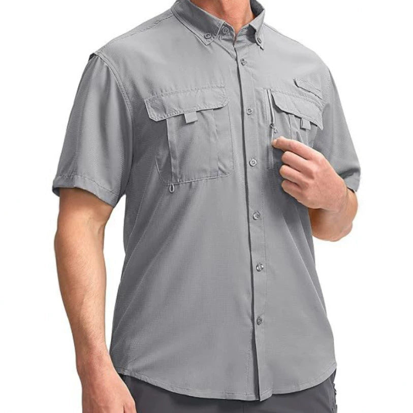 Lightweight men's quick-dry button-down short sleeve fishing shirt, designed for breathable comfort in summer outdoor activities.
