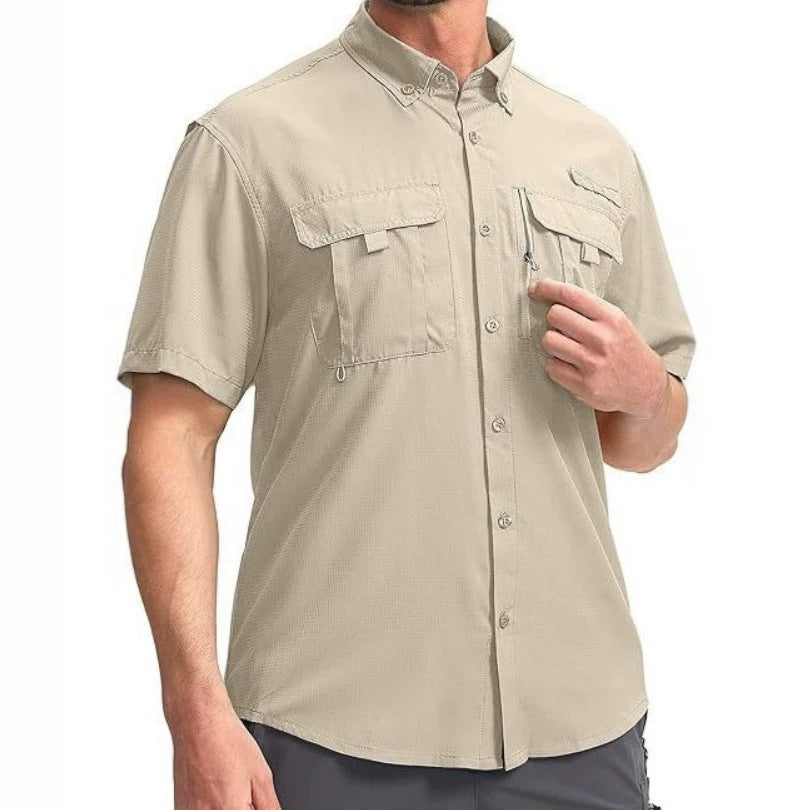 Stylish men's quick-dry short sleeve fishing shirt, breathable outdoor apparel for active men, ensuring comfort & performance.