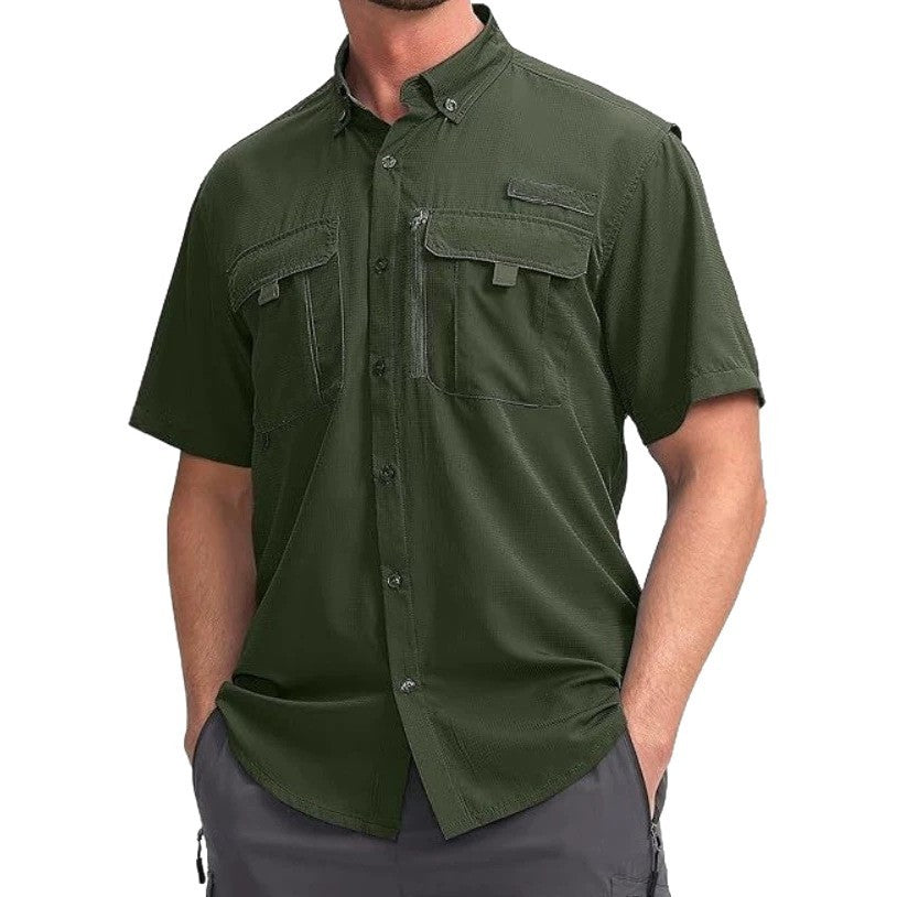 Men's breathable quick-dry short sleeve fishing shirt, lightweight and comfortable for outdoor adventures, travel, and summer.