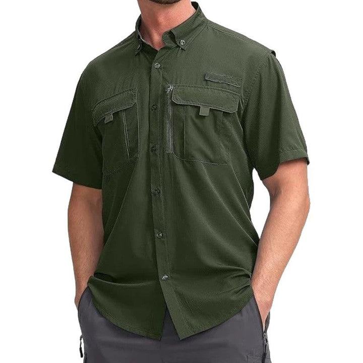 Men's breathable quick-dry short sleeve fishing shirt, lightweight and comfortable for outdoor adventures, travel, and summer.
