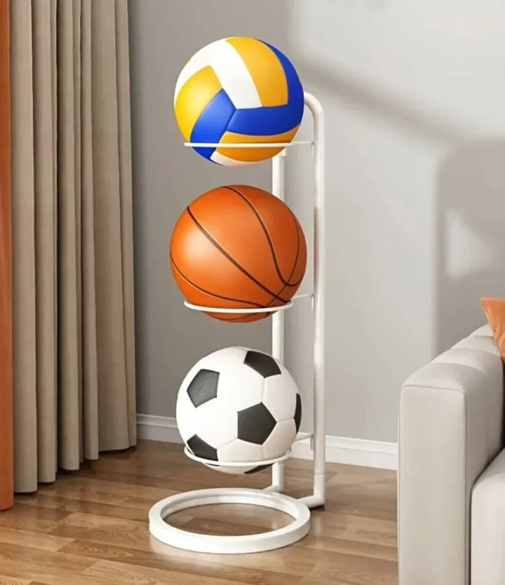 Black sports ball storage rack organizing basketballs, soccer balls, and footballs.