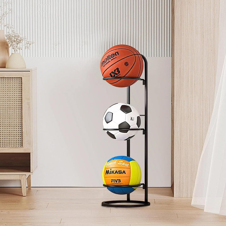 White multi-ball holder rack for home gym and garage equipment organization.