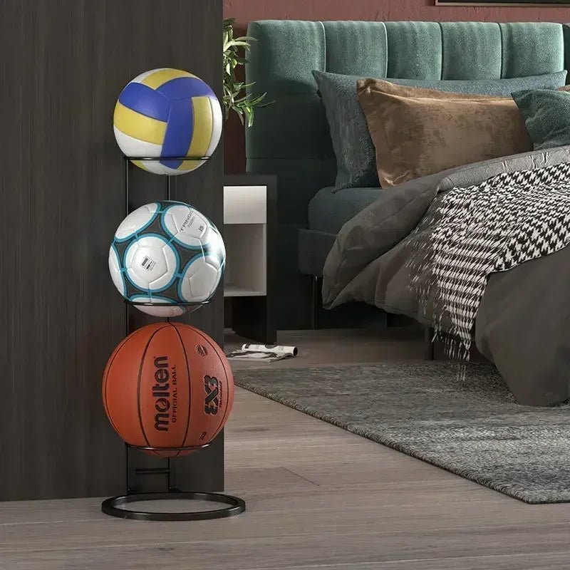 Freestanding sports ball organizer with ample space for multiple balls.