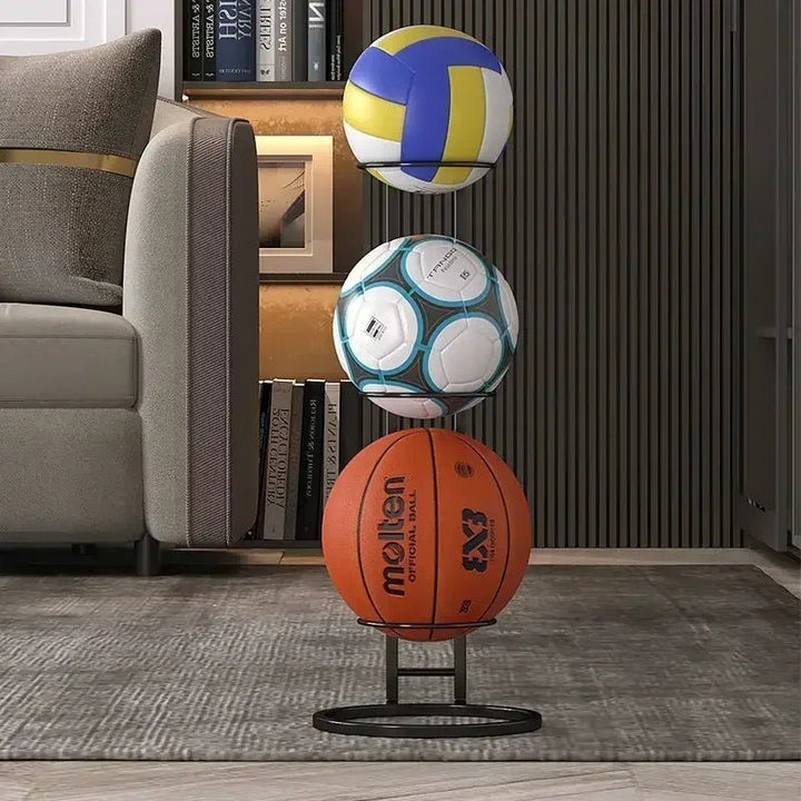 Sleek black storage rack designed for easy access to sports balls.