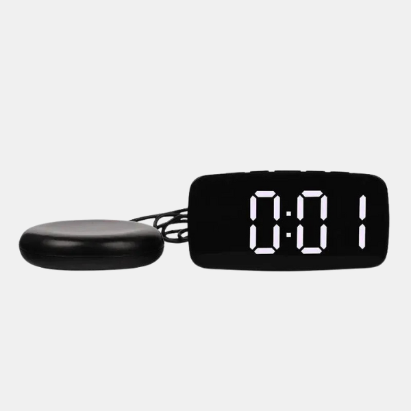 Black vibrating digital alarm clock with powerful bed shaker. Ideal wake-up aid for deep sleepers & heavy sleepers.
