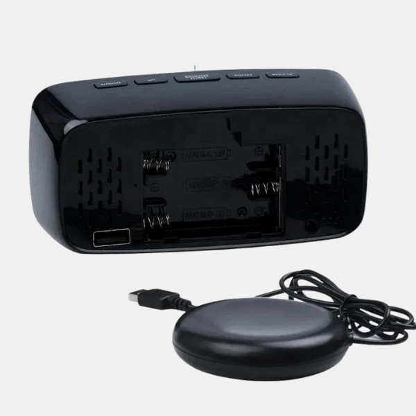 Modern vibrating alarm clock and bed shaker. Loud digital display for seniors & heavy sleepers. Black bedroom clock.