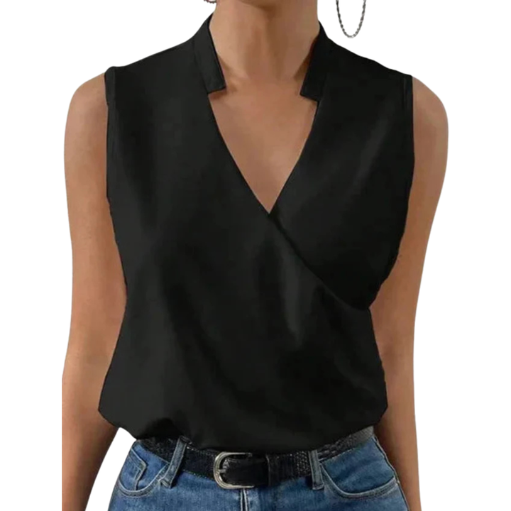 Chic solid color V-neck sleeveless wrap blouse for women, versatile for casual, office, or evening looks.