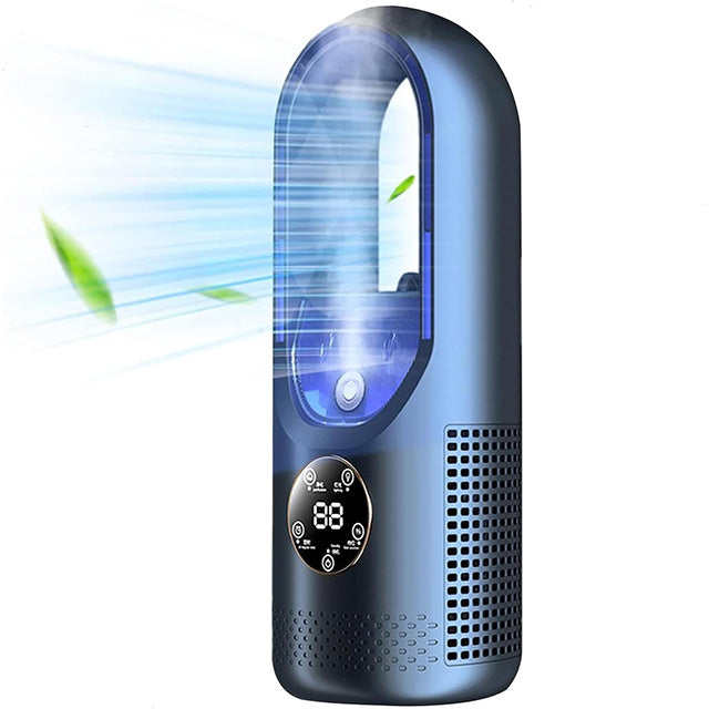 Quiet bladeless personal air cooler, a compact and safe fan for desk, office, or bedroom.