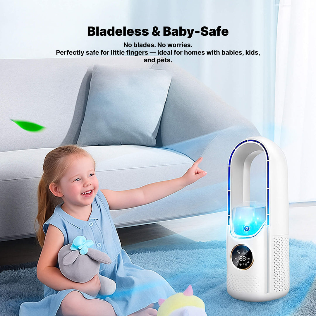 USB powered portable air conditioner, a quiet bladeless fan perfect for home, office, or travel.