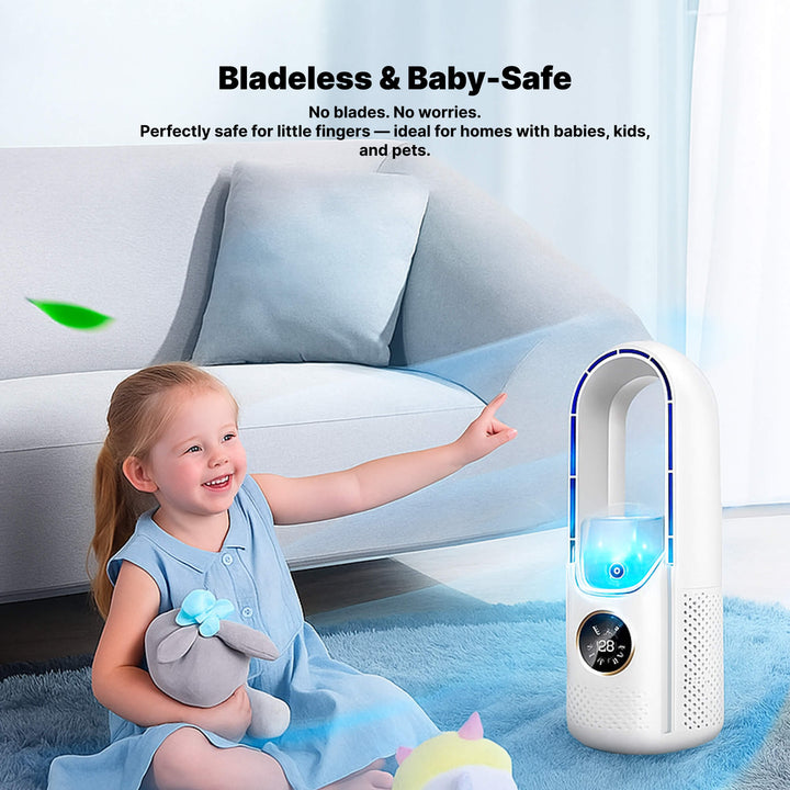 USB powered portable air conditioner, a quiet bladeless fan perfect for home, office, or travel.