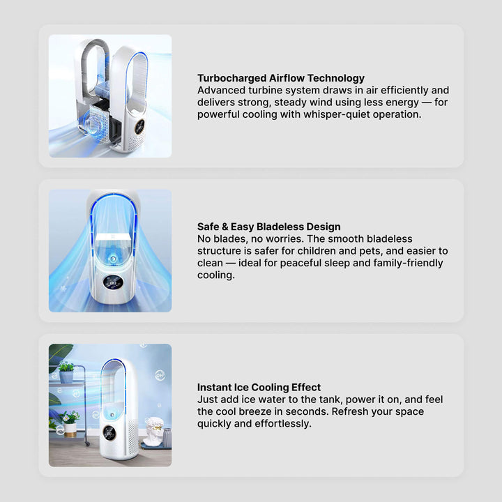 Efficient, quiet, and compact portable air cooler with bladeless design, ideal for personal comfort.