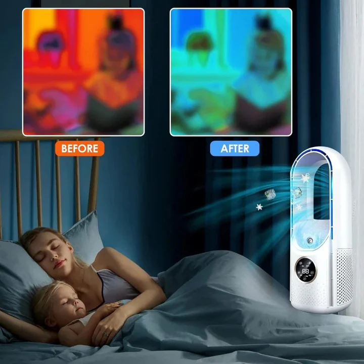 Versatile portable bladeless air cooler for quiet, personal comfort in bedrooms, offices, or living spaces.